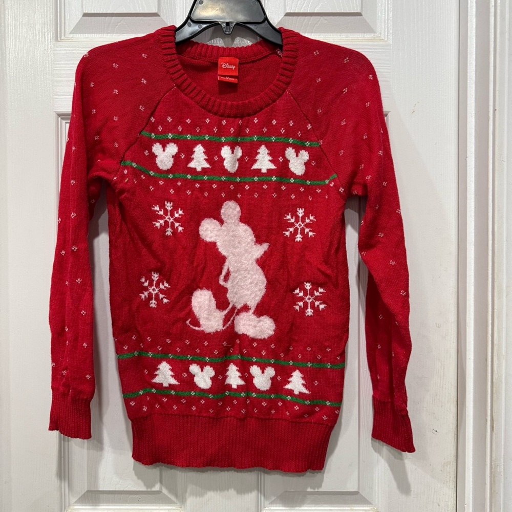 Disney Red and White Crew Neck Sweater with Mickey Mouse Design